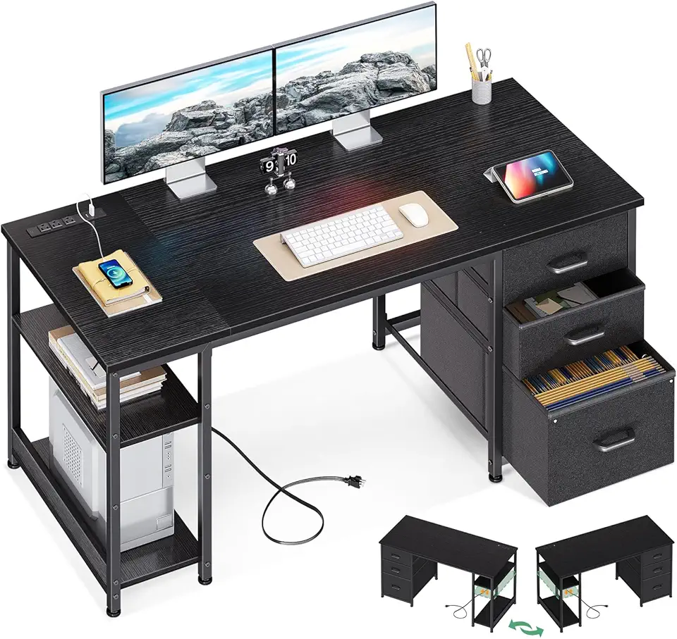 L Shaped Gaming Desk with 4 Drawers, 61 Inch, Black