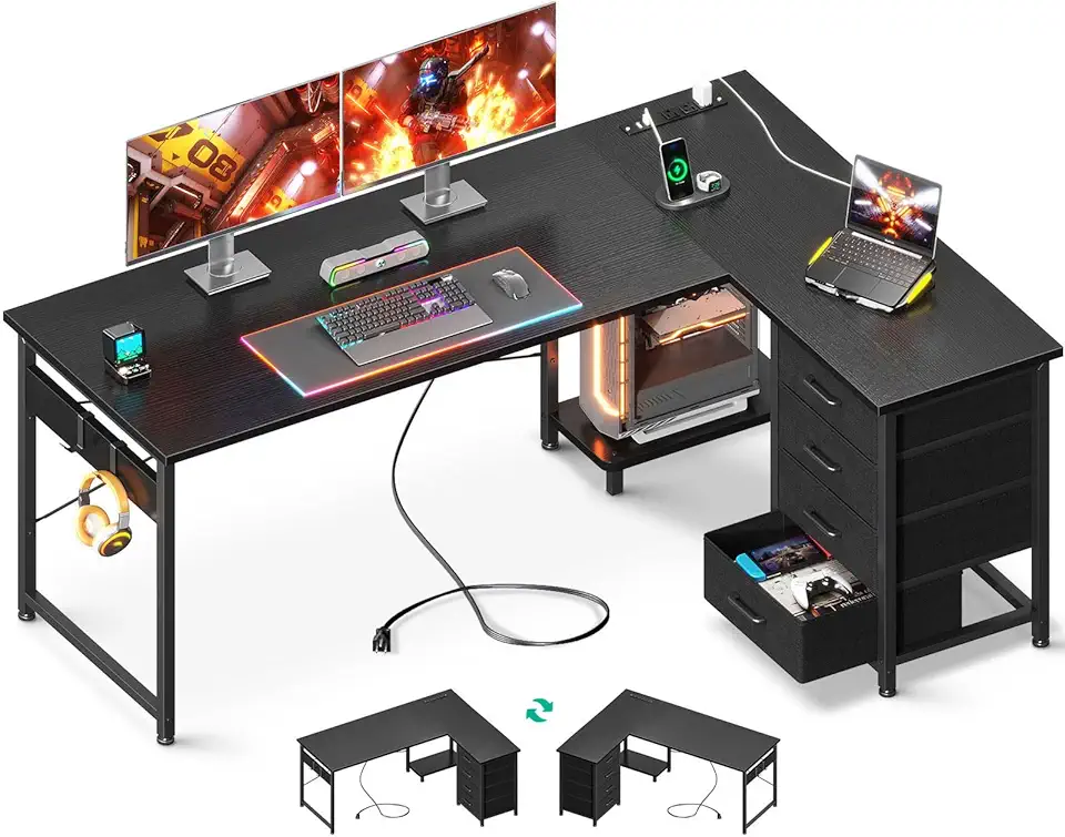 L Shaped Gaming Desk with 4 Drawers, 61 Inch, Black