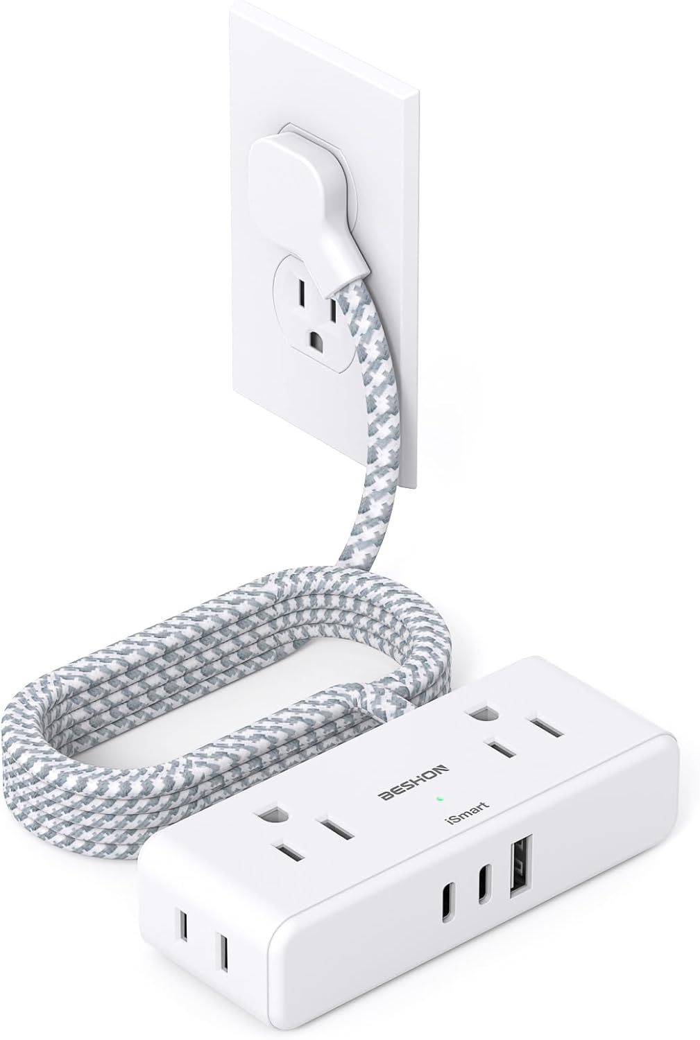 Flat Extension Cord, 5FT Flat Plug Power Strip with USB C, 6 Outlets 4 USB Ports (2 USB C)