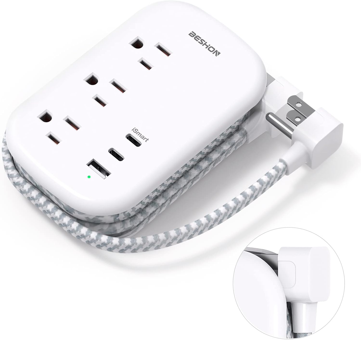 Flat Extension Cord, 5FT Flat Plug Power Strip with USB C, 6 Outlets 4 USB Ports (2 USB C)
