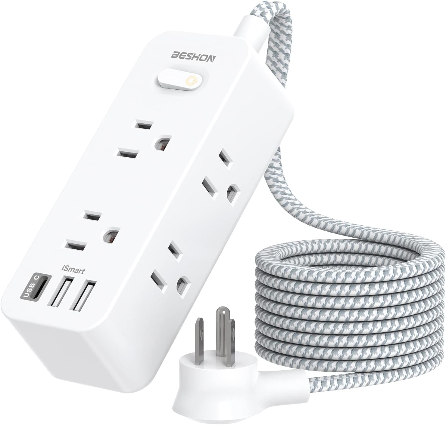 Flat Extension Cord, 5FT Flat Plug Power Strip with USB C, 6 Outlets 4 USB Ports (2 USB C)