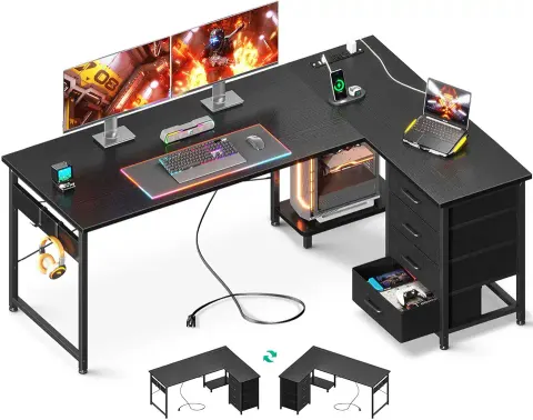 L Shaped Gaming Desk with 4 Drawers, 61 Inch, Black