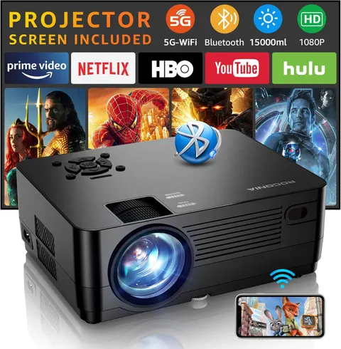 Projector with 5G WiFi and Bluetooth, Native 1080P, 100" Screen (White)