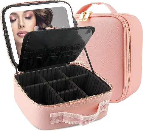 Behaesty Travel Makeup Bag with LED Lighted Mirror, Pink