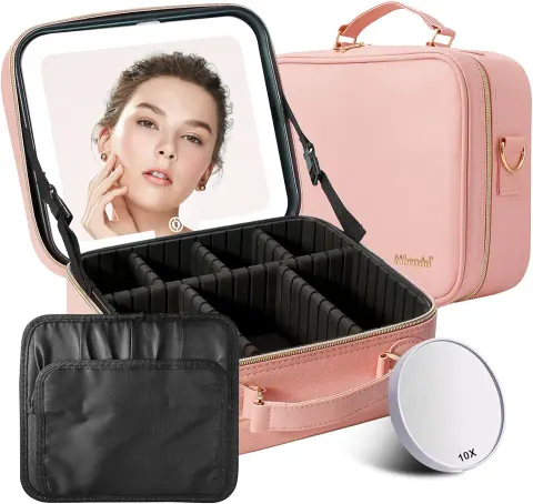 Behaesty Travel Makeup Bag with LED Lighted Mirror, Pink