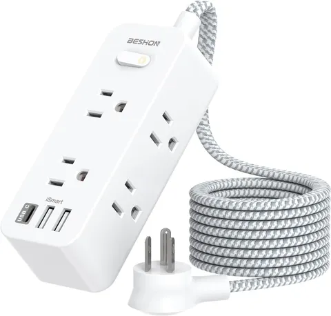 Flat Extension Cord, 5FT Flat Plug Power Strip with USB C, 6 Outlets 4 USB Ports (2 USB C)
