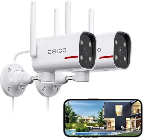 2K Outdoor Security Cameras, Wired WiFi, 2 Pack | Color night vision, 24/7 recording, 2.4GHz
