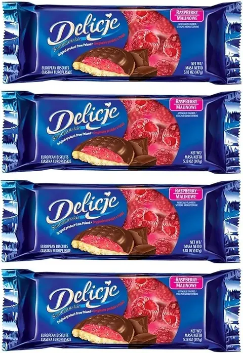 Delicje European Biscuits, Raspberry Filling, Pack of 4