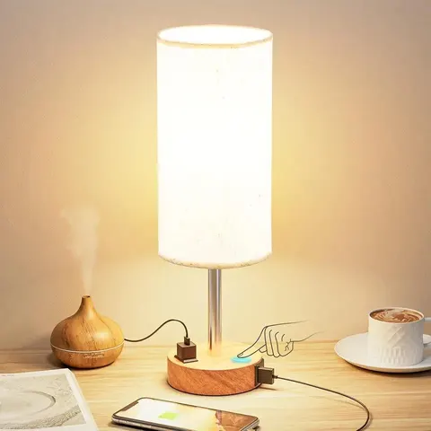 Fenmzee Touch Control USB Table Lamp, 3-Way Dimmable with USB-C, USB-A and AC Outlet
