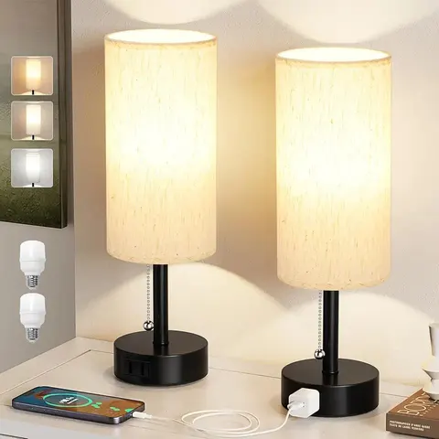 Fenmzee Touch Control USB Table Lamp, 3-Way Dimmable with USB-C, USB-A and AC Outlet