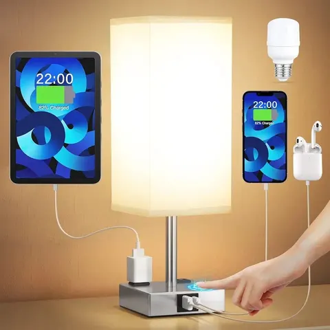 Fenmzee Touch Control USB Table Lamp, 3-Way Dimmable with USB-C, USB-A and AC Outlet