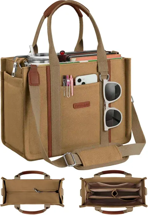 Fioretto Women's Canvas Tote Bag Purse with Zipper and Luggage Sleeve
