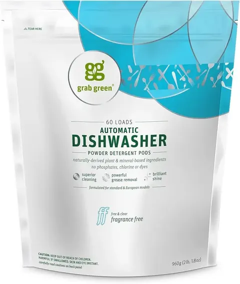 Grab Green Natural Dishwasher Detergent Pods, Free & Clear, 60 Count