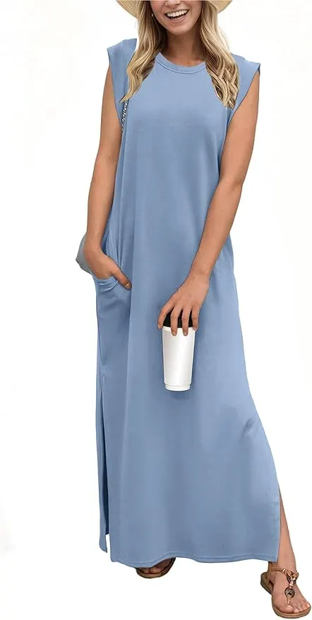 2025 Women Summer Round Neck Casual Loose Split Wrinkle-Free Midi Dress