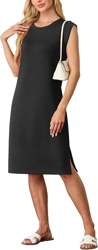 2025 Women Summer Round Neck Casual Loose Split Wrinkle-Free Midi Dress