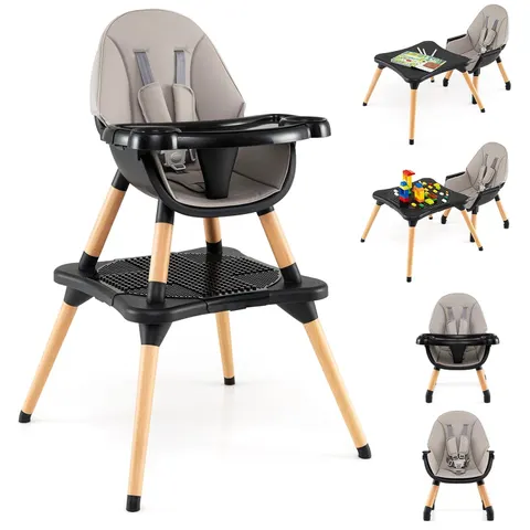 Baby High Chair, 6-in-1 Convertible Wooden Highchair for Babies and Toddlers/Table Set/Toddler Chair with Safety Harness, 4-Position Removable Feeding Tray (Black)