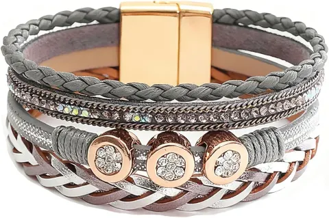 JAVMOO Leather Wrap Bracelet for Women, Boho Leopard Multi-Layer Cuff
