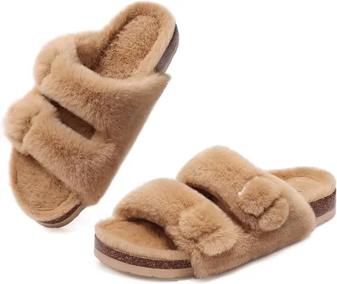 Fuzzy Slippers with Cork Footbed