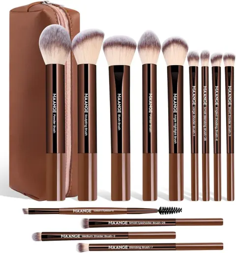 MAANGE 13 Pcs Foundation Makeup Brush Set with Bag, Coffee