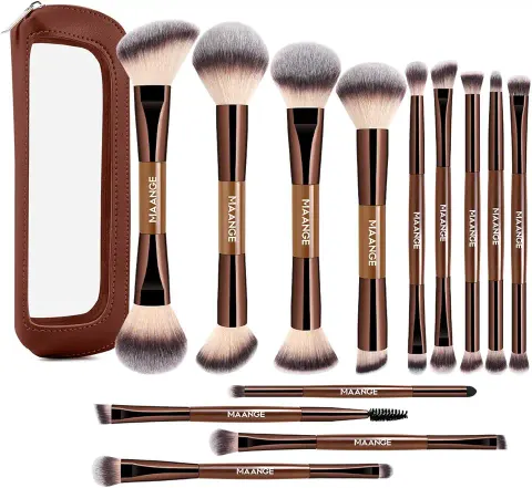 MAANGE 13 Pcs Foundation Makeup Brush Set with Bag, Coffee