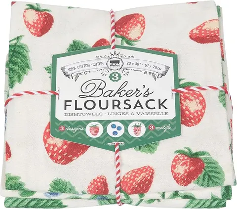 Berry Patch Cotton Floursack Kitchen Dish Towels, 20 x 30in, Set of 3, Red, Blue, Green, White
