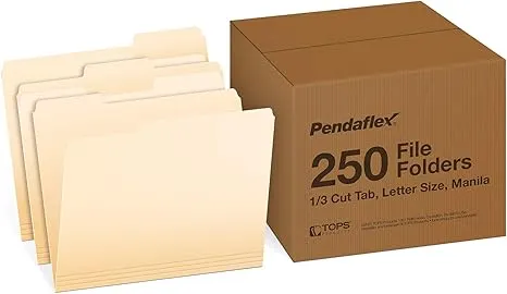 Pendaflex File Folders, Letter Size, 8-1/2" x 11", Classic Manila, 1/3-Cut Tabs in Left, Right, Center Positions, 100 Per Box