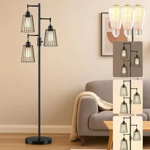 PESRAE Dimmable Industrial Floor Lamp with 3 Teardrop Cage Heads
