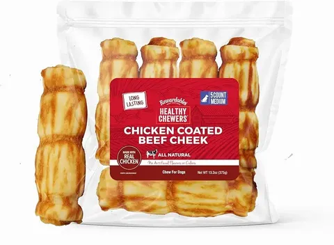 Rewardables Chicken Coated Beef Cheek Rolls for Dogs, Medium, 5 Pack