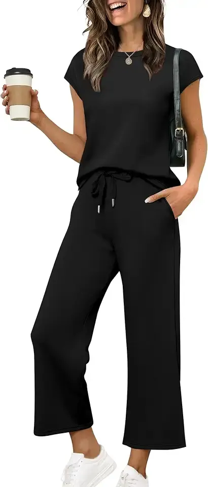 Sampeel Women's 2 Piece Lounge Set with Wide Leg Pants, Black