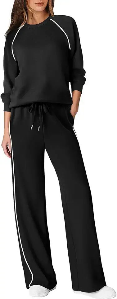 Sampeel Women's 2 Piece Lounge Set with Wide Leg Pants, Black