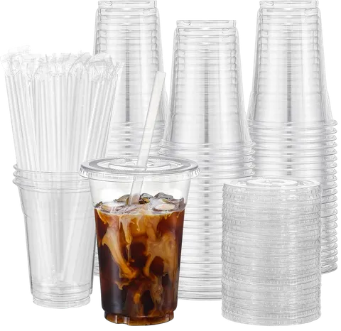 VITEVER 100 Sets Disposable Plastic Cups with Lids and Straws